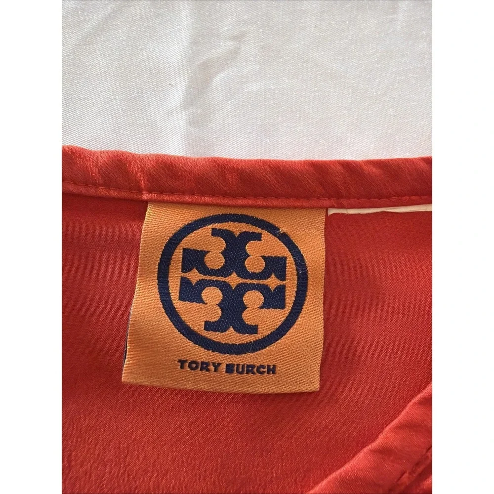 Tory Burch Women's Satin Blouse Tunic Top Bright Blood‎ Orange
